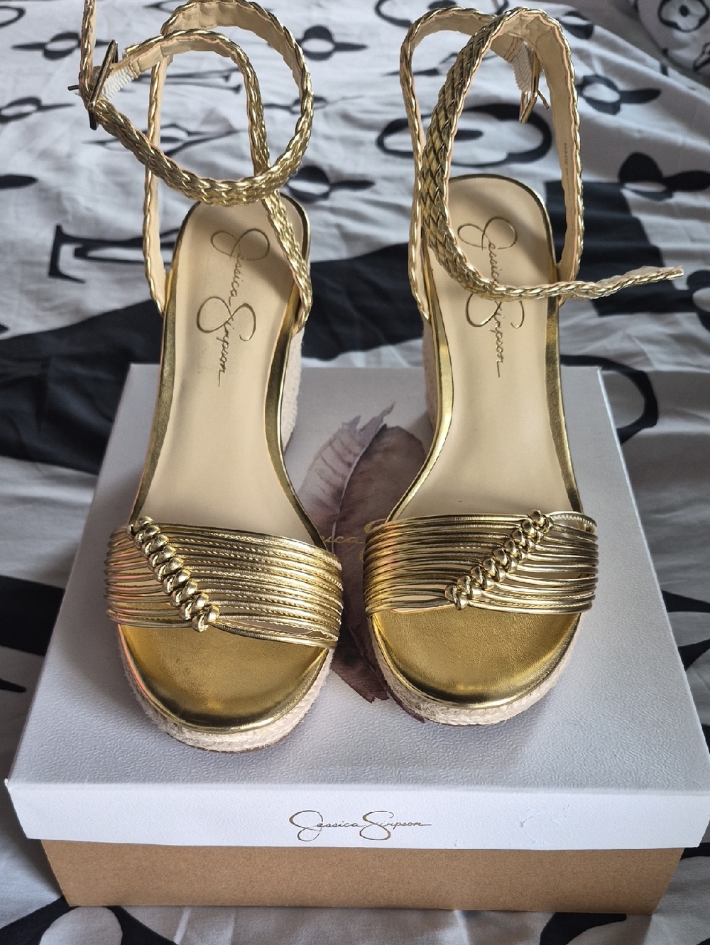 Jessica Simpson Metallic Gold Braided Espadrille Wedge Sandals